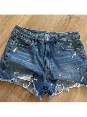 American Eagle Outfitters Dark Blue Daisy Embroidered Denim Shorts